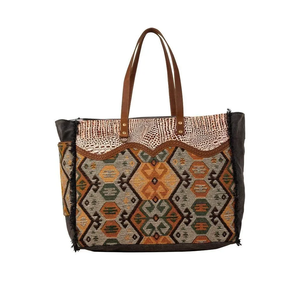 Myra Bag Handmade Seneca Weekender Bag Upcycled Canvas & Cowhide Leather